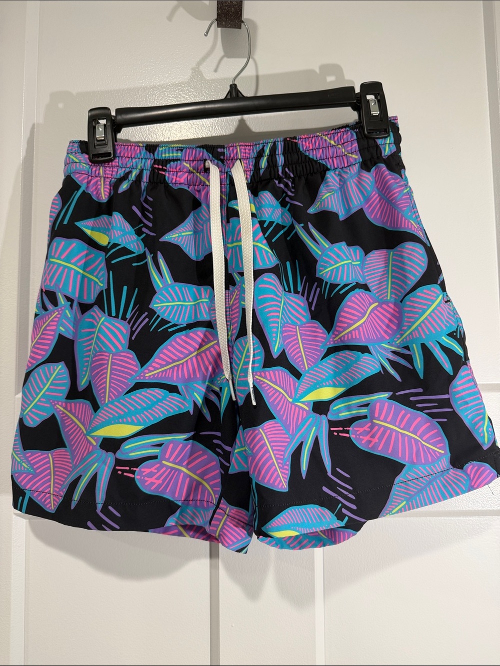 chubbies Black Swim Shorts with Teal, Purple & Hot Pink Leaf Print